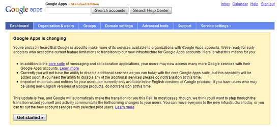 A screenshot of the Google Apps Transition announcement page