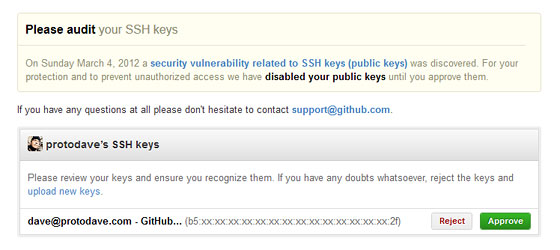 A screenshot of GitHub's SSH key audit page