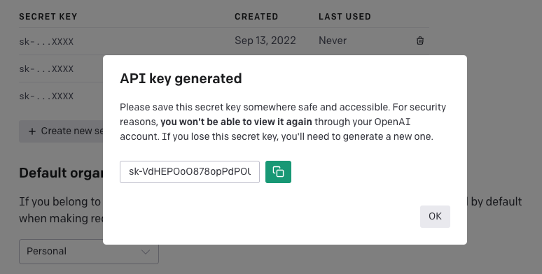 A screenshot of the OpenAI key generation API with an open modal of a newly generated key