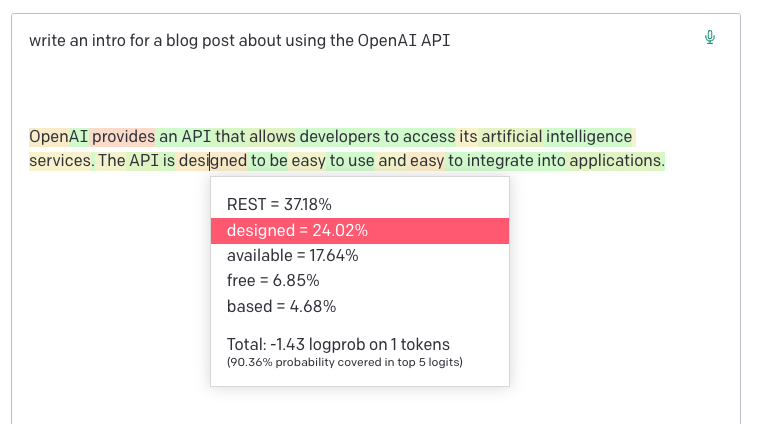 A screenshot of the OpenAI API GPT-3 Playground with the API token probabilities highlighting featured turned on showing the word choices following the tokens "The API is" includes "REST = 37.18%", "designed = 24.02%", "available = 17.64%", "free = 6.85%" and "based = 4.68%". The word "designed" was selected in the currently displayed output making the sentence read "The API is designed..."
