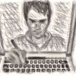 An example OpenAI DALL-E image of a developer writing code at a computer, using a prompt for a pencil sketch style