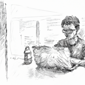 An example OpenAI DALL-E image of a developer writing code at a computer, using a prompt for a pencil sketch style