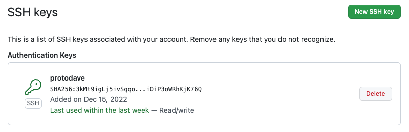 GitHub ssh keys page screenshot showing one allowed authentication public key